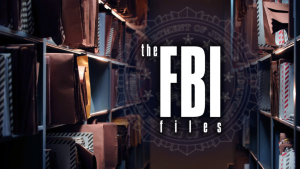 "The FBI Files" text appears among shelves of case files